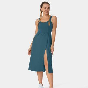 NWT Halara Padded Backless Twisted Split Midi Casual Dress blue/green/teal color